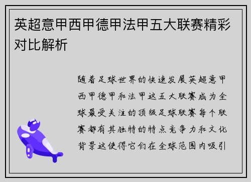 英超意甲西甲德甲法甲五大联赛精彩对比解析